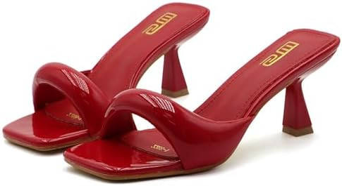 Women's Leather One Band Square Open Toe Stiletto Slide Sandals Fashion Slip-On Sexy Kitten Heel ... | Amazon (US)