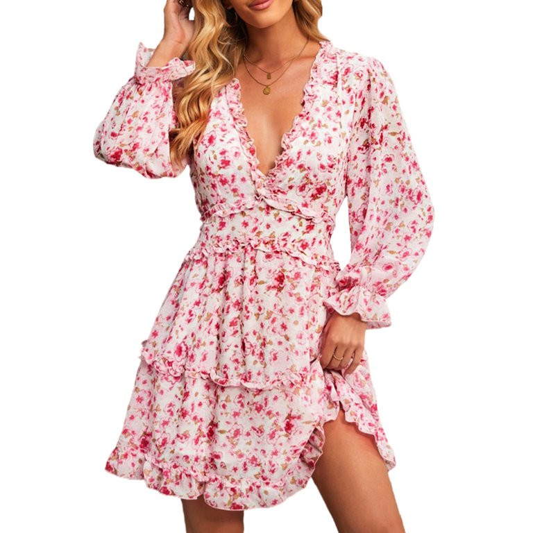 Dearlove Womens Spring Summer Floral Print Mini Dress V Neck Ruffle Backless Long Sleeve A Line S... | Walmart (US)