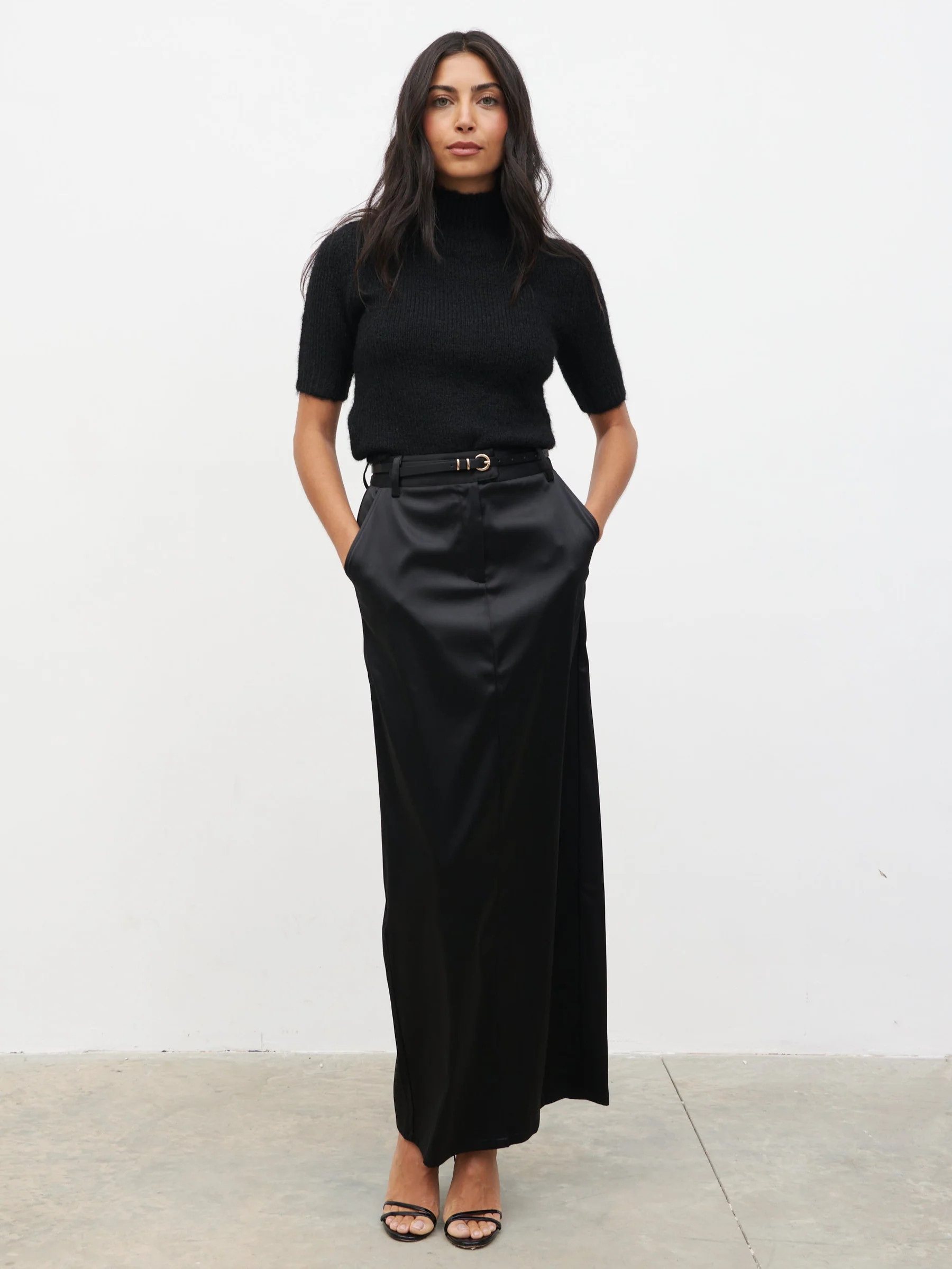 Beck Satin Tailored Maxi Skirt - Black | Pretty Lavish (UK)