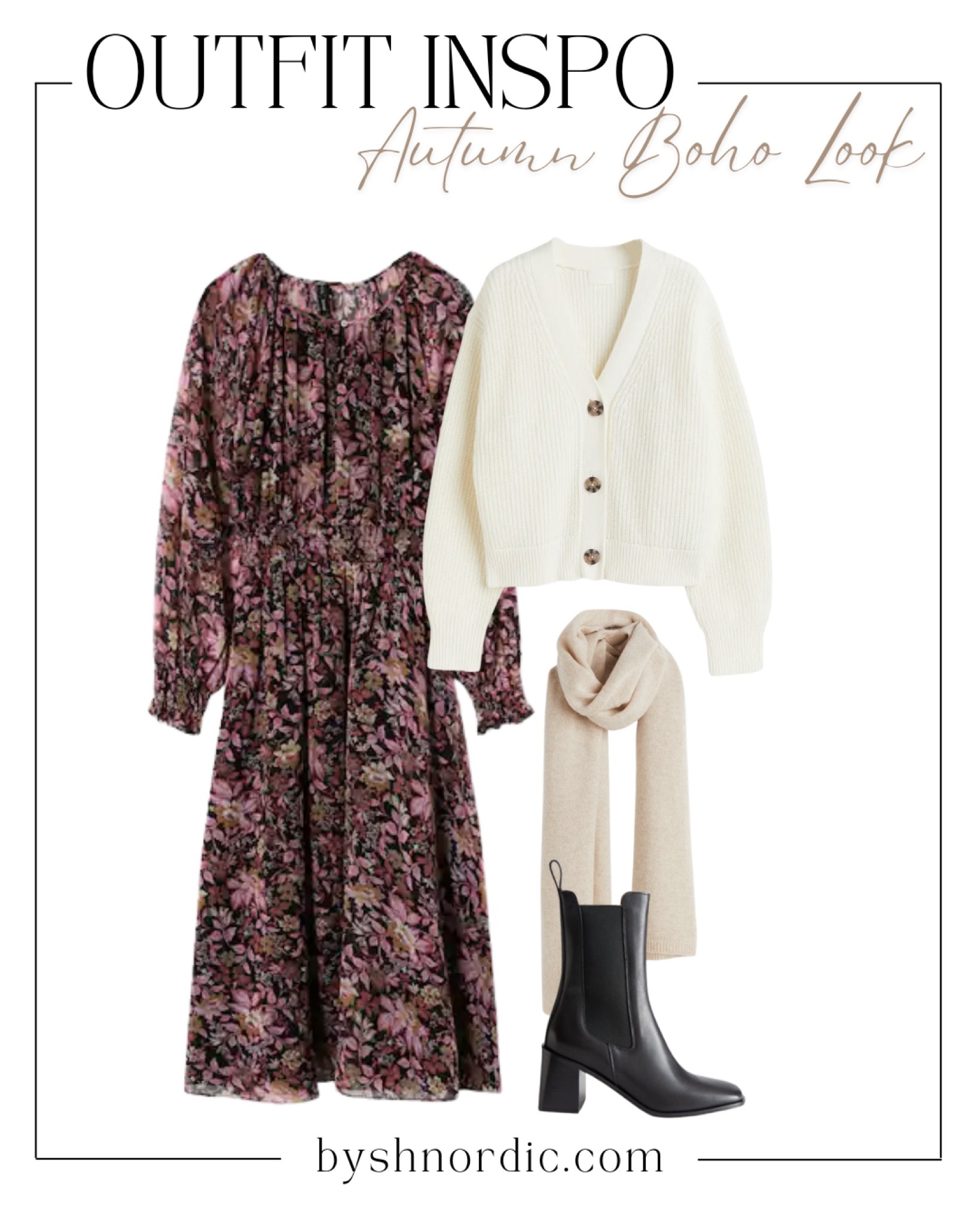 Outfit inspo for a stylish autumn boho look! The main piece is this floral dress layered with a cable-knit cardigan, plus a cashmere scarf and leather boots.

#AutumnFashion #AutumnStyle #RaglanSleeveDresses #StylingInspo 

#LTKstyletip #LTKshoecrush #LTKSeasonal