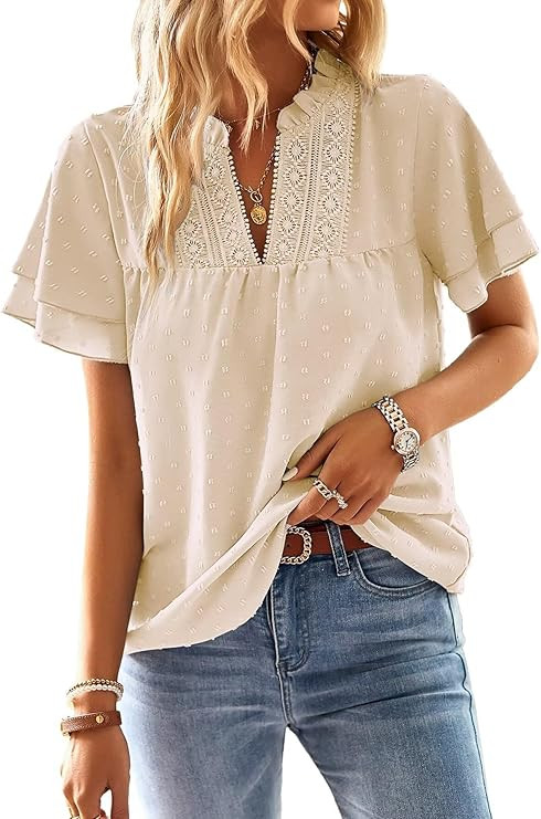 Womens Tops Butterfly Sleeve V Neck Blouses for Women Dressy Casual Flowy Swiss Dot Ruffle Short ... | Amazon (US)