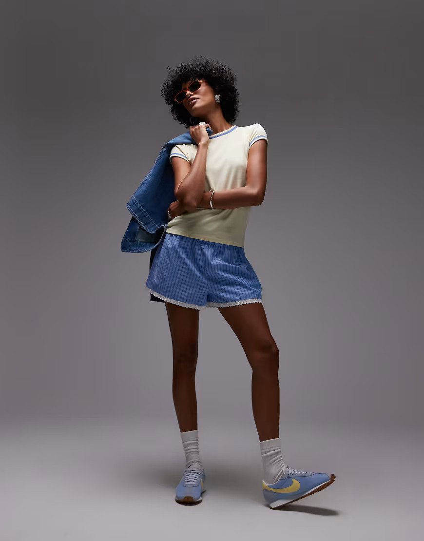 Topshop high waisted stripe lace trim boxer short in blue | ASOS (Global)