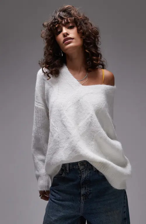 Topshop Oversize Off the Shoulder V-Neck Sweater in Ivory at Nordstrom, Size Large | Nordstrom
