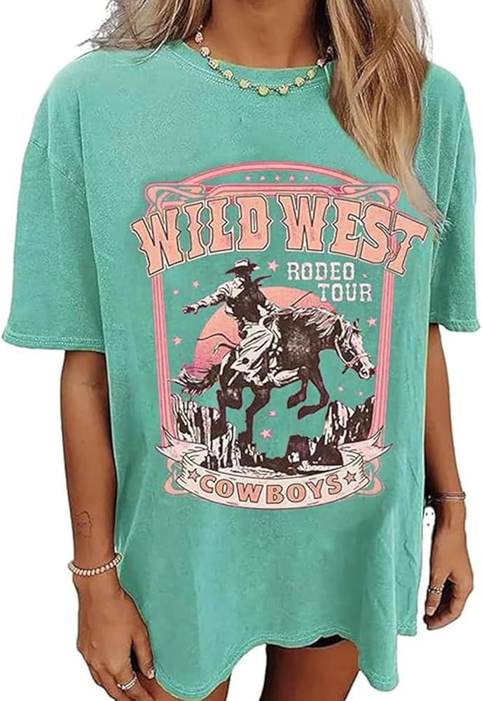Women's Western Cowboy Shirts Vintage Rodeo Graphic Oversized Tops Cowgirl T-Shirt Rodeo Shirts f... | Amazon (US)