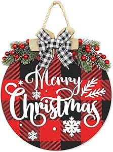 Merry Christmas Decorations Wreath, Merry Christmas Buffalo Plaid Hanging Sign Rustic Wooden Holi... | Amazon (US)
