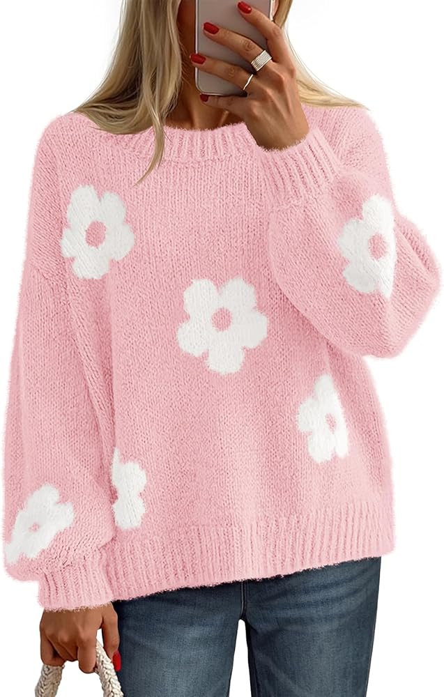 MEROKEETY Women's 2025 Fall Floral Sweater Cute Long Lantern Sleeve Crewneck Knit Pullover Tops | Amazon (US)