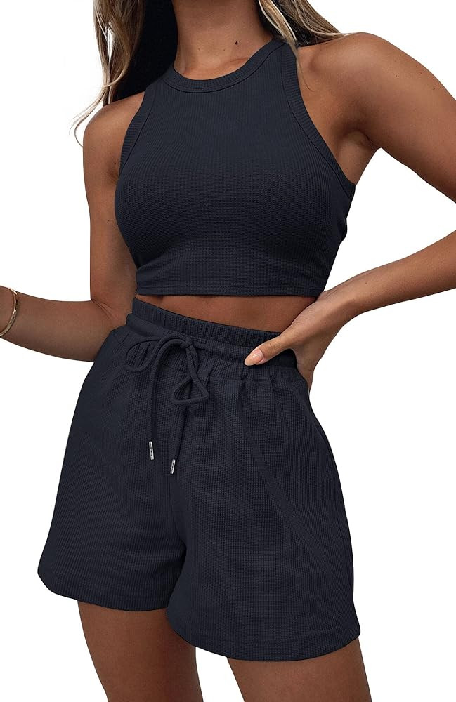 Lingswallow 2 Piece Women Lounge Sets - Sleeveless Crop Top and Shorts Waffle Lounge Set Tracksui... | Amazon (US)