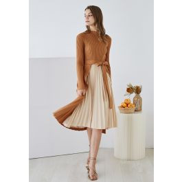 Front Pleats Splicing Belted Hi-Lo Knit Dress in Caramel | Chicwish