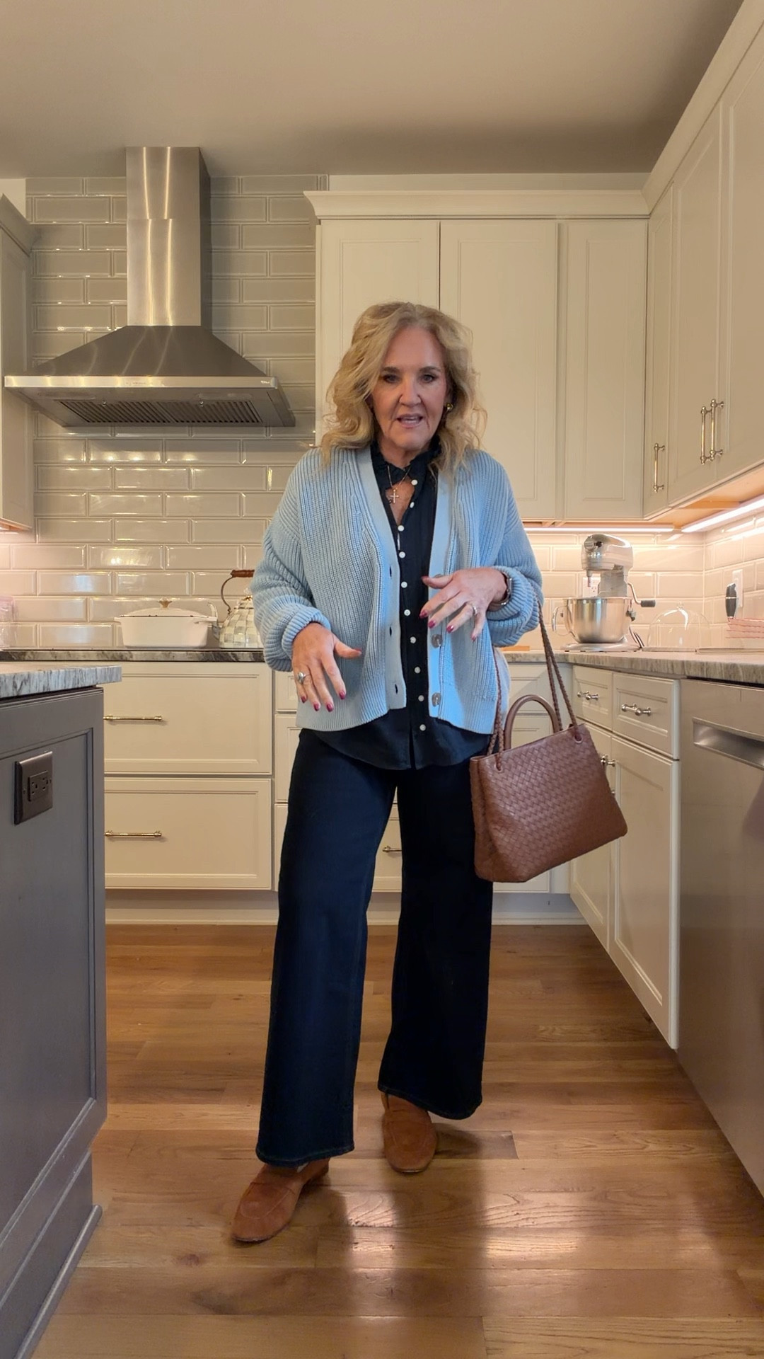 This top is restocked with new colors too. It’s a really nice quality cotton. I’m wearing a medium.
The jeans are the wide leg, Bella jean from quince I’m wearing a size 29 waist 28 inseam and if in between in this style, I would size up
Quince cardigan size medium 
Talbots Cotton  sweater I sized up to a large board, relaxed look, and I absolutely love this color
Great early spring outfit with pieces you’ll wear over and over
Use code TAKE20 20% off my cross necklace 

#LTKPetite #LTKSeasonal #LTKOver40