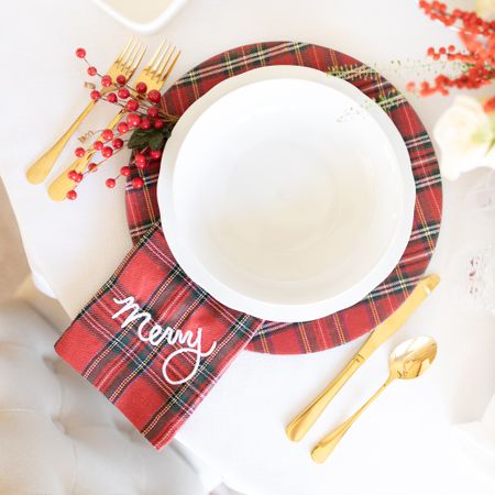 Love this tartan plaid duo 🎄bought these chargers and matching Christmas napkins a few years back and pull them out every chance I get. Follow me on the LTK app for shoppable holiday table decor details and for more Christmas decor inspo!

FYI- These exact napkins aren’t available anymore, but I’ve linked an identical style without the Merry embroidery. 

#LTKhome #LTKHoliday #LTKSeasonal