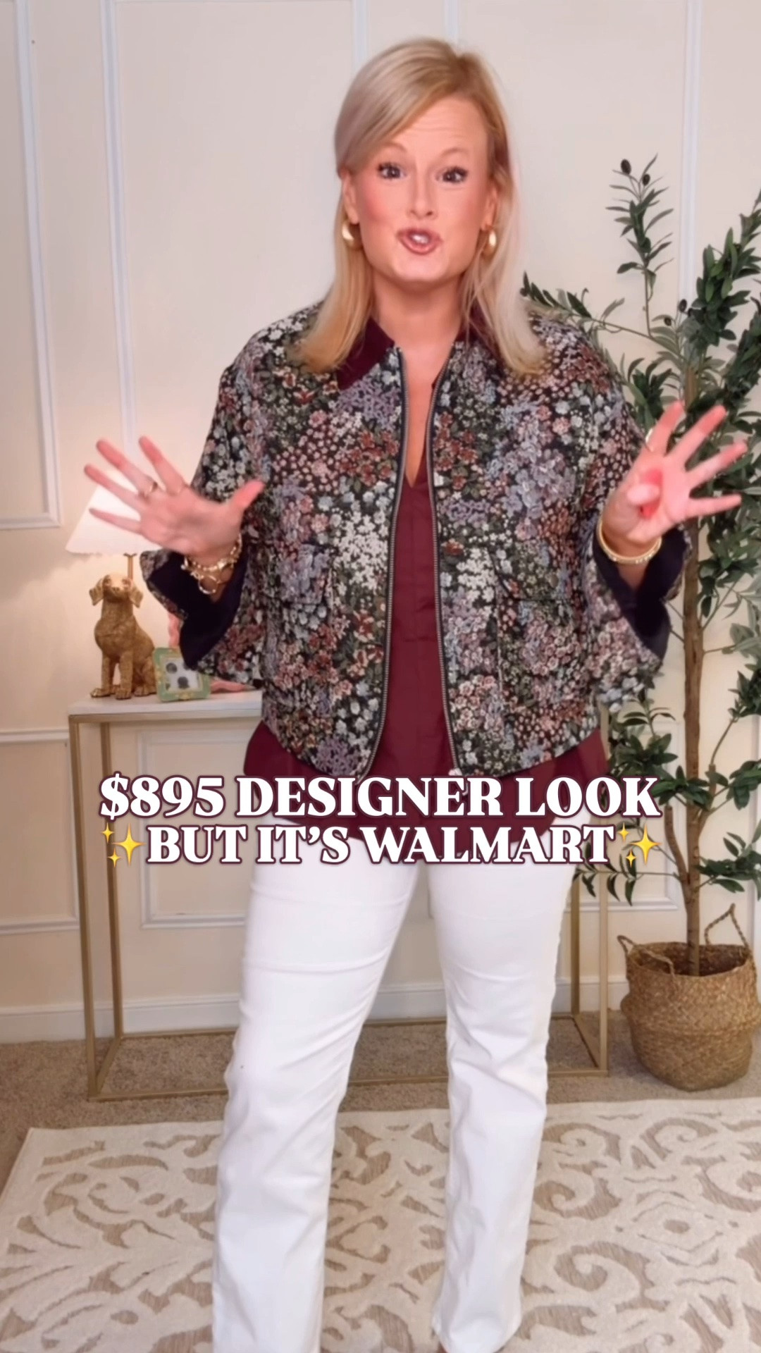 Walmart fall jackets | floral barn jacket | $895 designer look for less | Free Assembly

The PLUM corduroy collar still gets me. 💜 This Free Assembly floral jacquard jacket on Walmart brings the look of the $895 MSGM cropped floral jacket to a much friendlier budget.

The woven tapestry florals, dusty jewel tones and cropped utility shape have that designer character I love finding for less. Add the silver hardware and contrasting collar, and you have a romantic take on a barn jacket that makes jeans and a simple top into a whole fall outfit.

I’m wearing a medium. It fits true to size with a semi-cropped length; size up if you want more length. It’s lightweight and lined, with a zip front and two snap-flap patch pockets.

Wear it with dark denim for weekend plans, over a simple dress for dinner or with the matching mini skirt for a coordinated fall outfit. Such a pretty option for teacher outfits, casual work outfits and fall travel.

The skirt is sold separately and gives the $210 Sandro Dariane look for less. Shop both pieces below, whether you want the full floral set or a statement fall jacket.

Walmart fall fashion, Walmart jackets women, Free Assembly floral jacket, floral jacquard jacket, floral barn jacket women, chore jacket women, cropped utility jacket, tapestry jacket, corduroy collar jacket, lightweight fall jacket women, lined fall jacket, fall outfits women, fall fashion hauls, preppy fall outfits, feminine fall outfits, barn jacket outfit ideas, teacher outfits fall, casual work outfits women, floral matching set, MSGM look for less, Sandro skirt look for less, Walmart finds, Walmart style

#LTKootd #WalmartFinds #WalmartStyle #BarnJacket #FallJackets #PreppyStyle #LookForLess #ChoreJacket #FallOutfits

#LTKSeasonal #LTKWorkwear #LTKMidsize