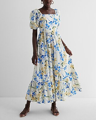 Floral Square Neck Puff Sleeve Tiered Poplin Midi Dress | Express