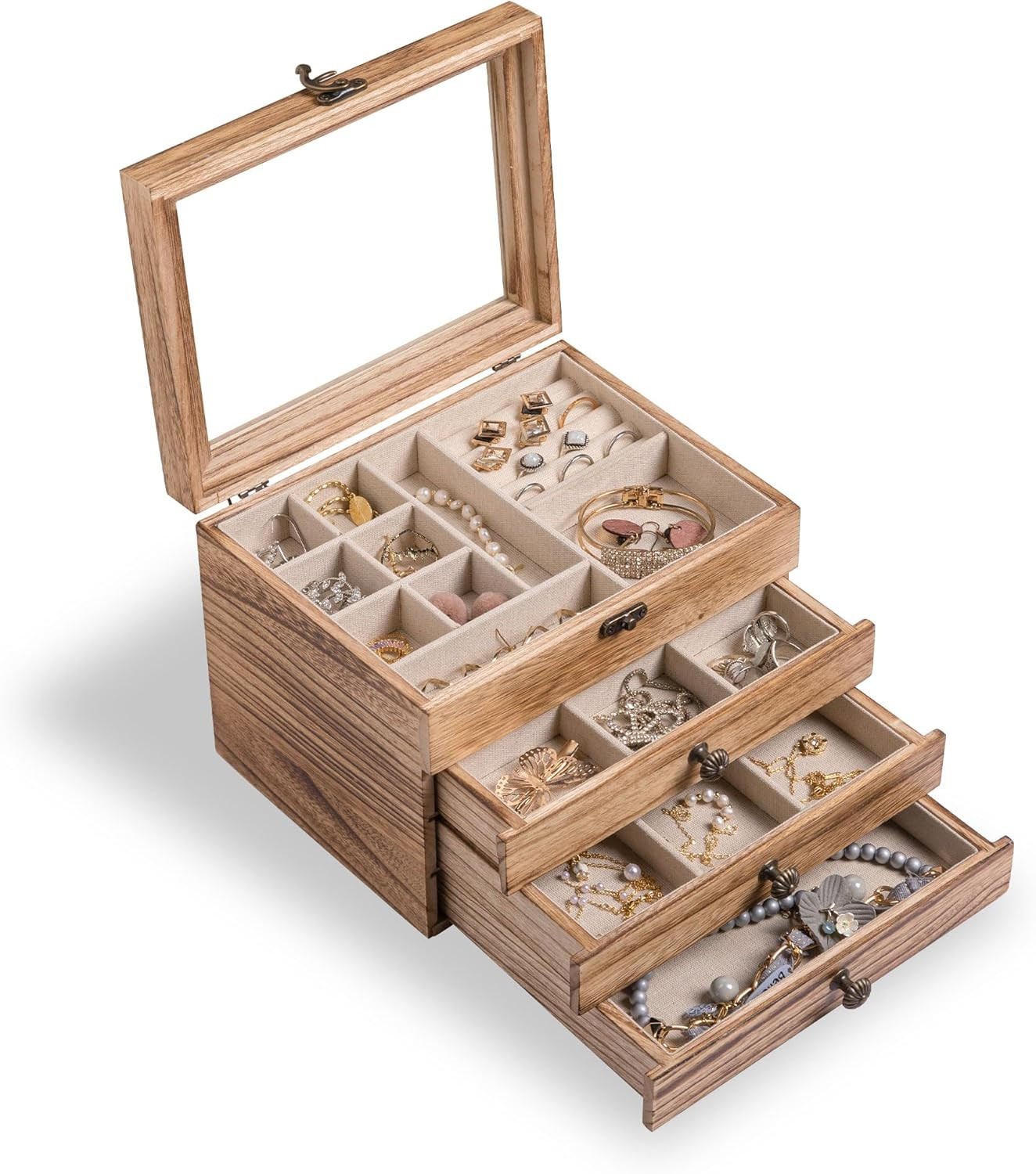 Frebeauty Wooden Jewelry Box 4 Layer Vintage Jewelry Organizer with Clear Lid Rustic Wood Jewelry... | Amazon (US)