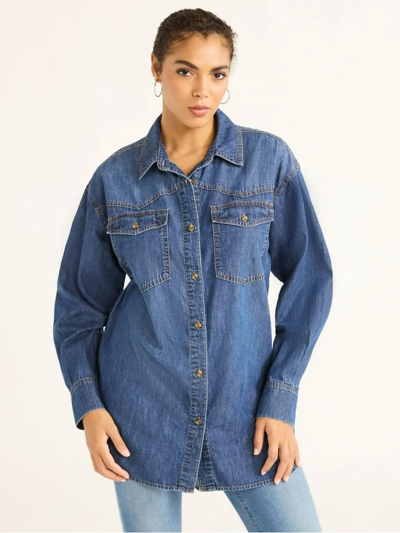Sofia Jeans Women's and Women's Plus Sofia Oversized Boyfriend Shirt with Long Sleeves, Sizes XS-... | Walmart (US)
