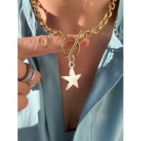 Mixed Metal Star Necklace Chunky Gold Toggle Chain, Silver Pendant | Etsy (US)