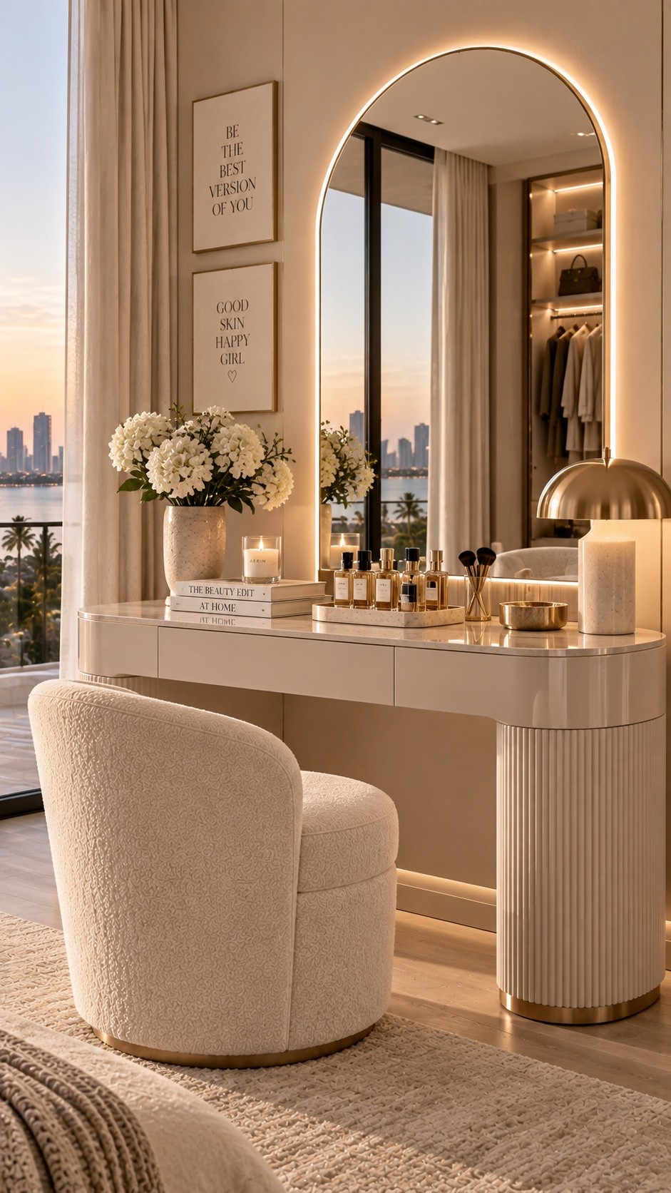 Shop This Room ✨ Shop the full look through my LTK — all products and similar finds are linked below. Create a dreamy luxury vanity space with warm neutral tones, soft bouclé textures, an oversized arched mirror and elegant gold accents. #VanityRoom #VanityIdeas #MakeupVanity #VanityDecor #DressingRoom #DressingRoomIdeas #BeautyRoom #LuxuryVanity #LuxuryInteriors #InteriorDesign #InteriorInspo #HomeDecor #HomeInspo #LuxuryHome #ModernLuxury #OrganicModern #WarmNeutralDecor #NeutralInteriors #QuietLuxury #ModernHome #HomeStyling #BedroomDecor #BedroomIdeas #GlamRoom #MakeupRoom #DreamHome #DecorInspo #DesignerInspired #LTKHome #LTKFinds #ShopLTK #LTKStyleTip