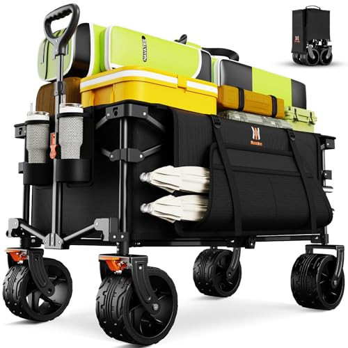 Navatiee Big Wheels Collapsible Wagon Cart Foldable, Heavy Duty Beach Wagon with Silent All-Terrain Wheels, Folding Utility Grocery Cart with Side Pocket and Brakes for Camping Garden Sports, Black | Amazon (US)