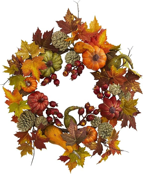 Nearly Natural 4163 24" Pumpkin, Gourd, Berry & Maple Leaf Wreath Multi/Color | Amazon (US)