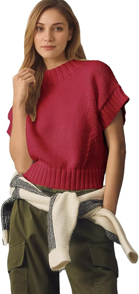 Women's Mock Neck Cap Sleeve Sweater Vest Casual Solid Cropped Tank Tops Pullover Sweaters | Amazon (US)