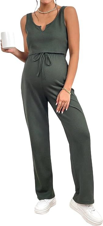 OYOANGLE Women's Maternity 2 Piece Pajamas Set Rib Knit Sleeveless Crop Tank Top and Drawstring W... | Amazon (US)