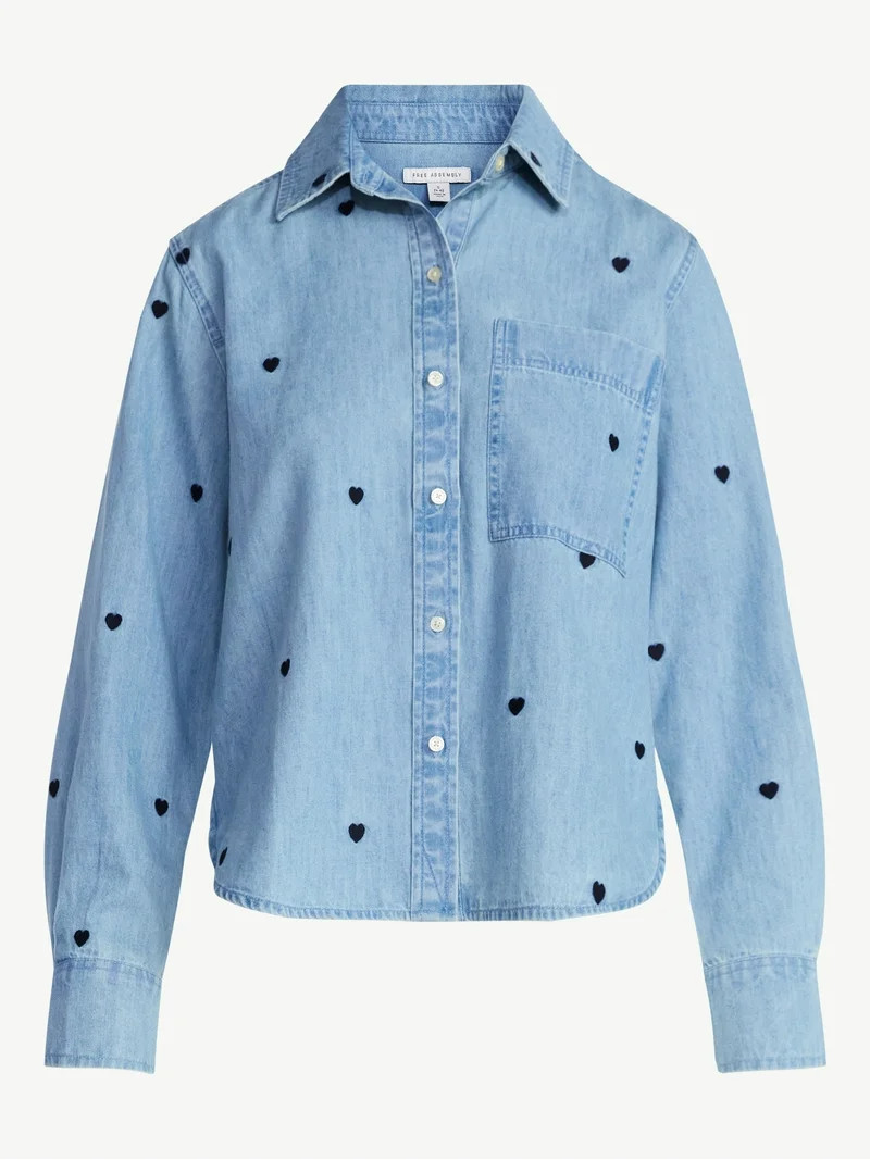 Free Assembly Women's and Women’s Plus Embroidered Hearts Denim Shirt with Long Sleeves, Sizes ... | Walmart (US)