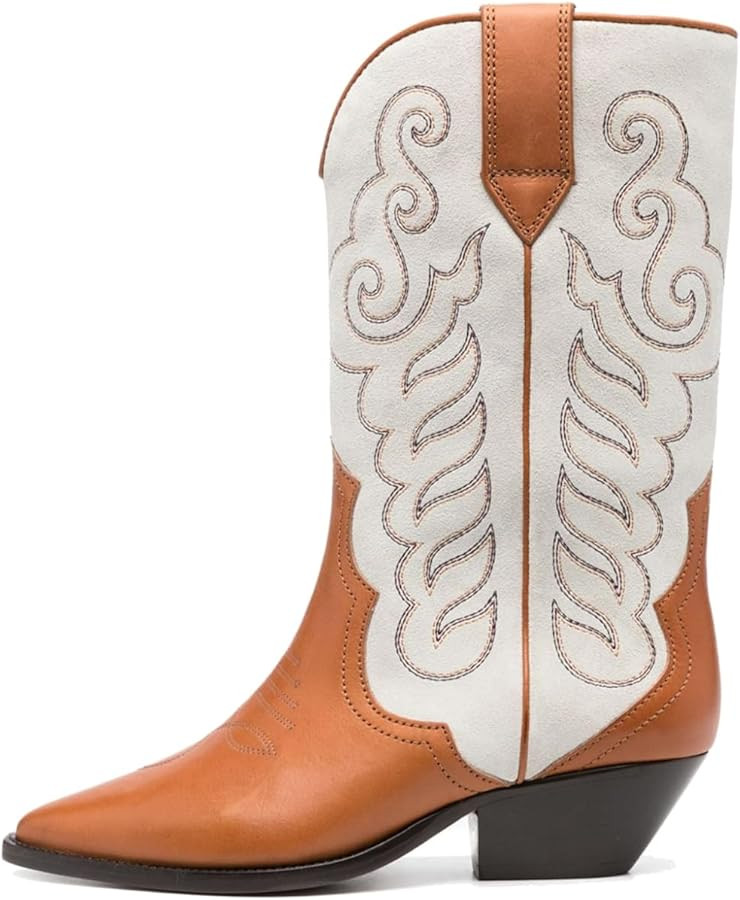 SHODENSE Women Fashion Western Boots Mid Calf Chunky Stacked Heel Pointed Toe Cowboy Boots Wide C... | Amazon (US)