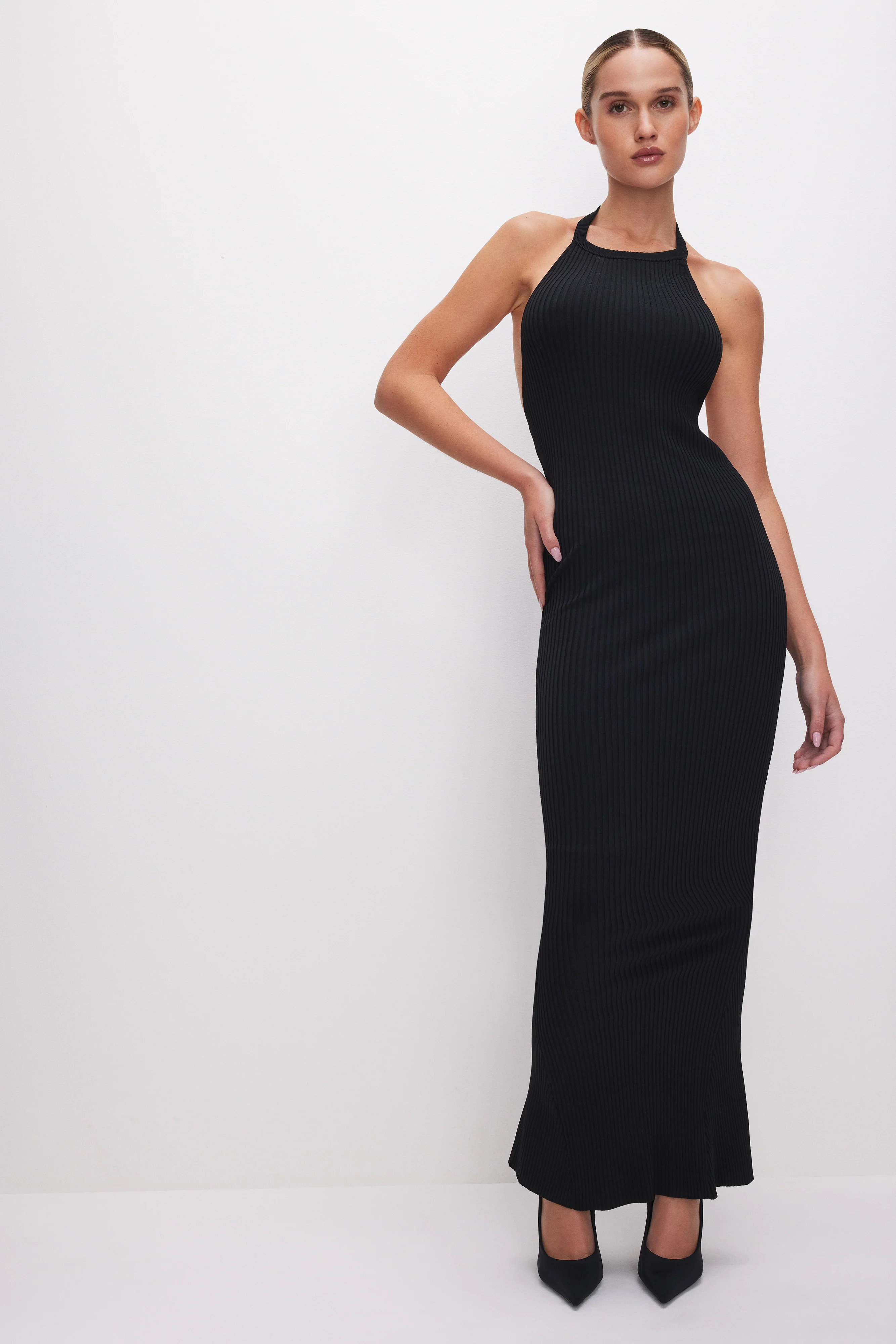 STRETCH RIB MAXI HALTER DRESS | Good American