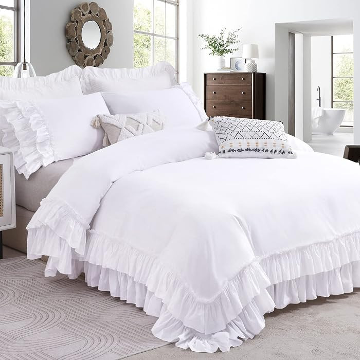 QSH Ruffle White Duvet Cover King Size-Washed Cotton Shabby Farmhouse Chic Ruffled Bedding 3pcs(1... | Amazon (US)