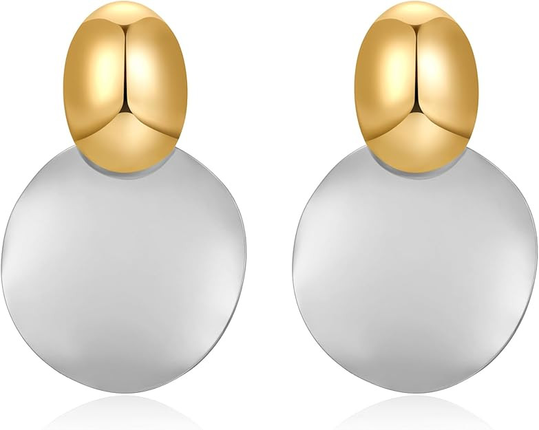 FAMARINE Big Disc Drop Earrings Gold Dangle Earrings Round Hammered Earrings Women | Amazon (US)