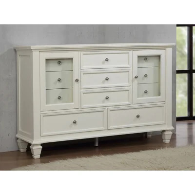 11-Drawer Dresser, Cream White Coastal Wooden Storage Dresser, Rubberwood Cabinet with Tempered Glass Front Doors, Felt Lined Drawers and Brushed Nick | Wayfair North America