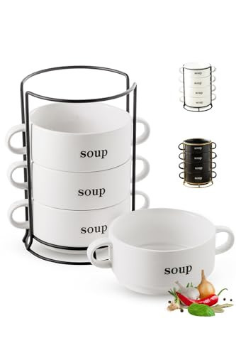 LAUCHUH Soup Bowls with Handles, 20 Oz Stackable Soup Crock Porcelain Serving Bowls Soup Bowl Set with Rack for Kitchen, Father's Day, Thanksgiving, Chili, Beef Stew, Cereal, Pot Pies, Set of 4, White | Amazon (US)