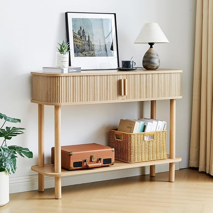 XUZENEST Fluted Console Table, Modern Entryway Table with Sliding Door&Storage Shelf, 2-Tier Sofa... | Amazon (US)