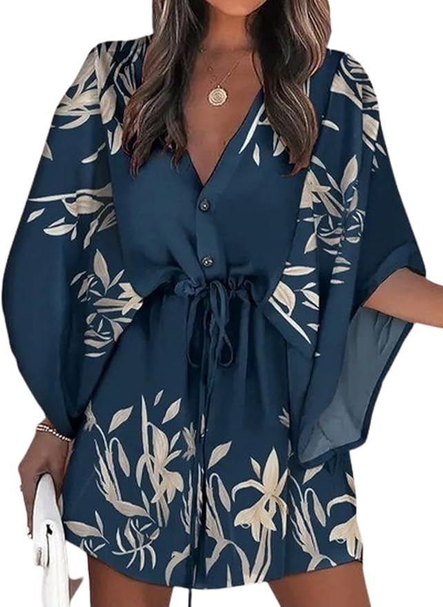 CUPSHE Women's V-Neck Flared Sleeve Elastic Waist Drawstring Loose Dress Button Down Floral Print... | Amazon (US)