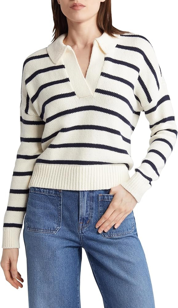 Womens Striped Pullover Long Sleeve V Neck Collar Knit Polo Sweater Casual Top | Amazon (US)