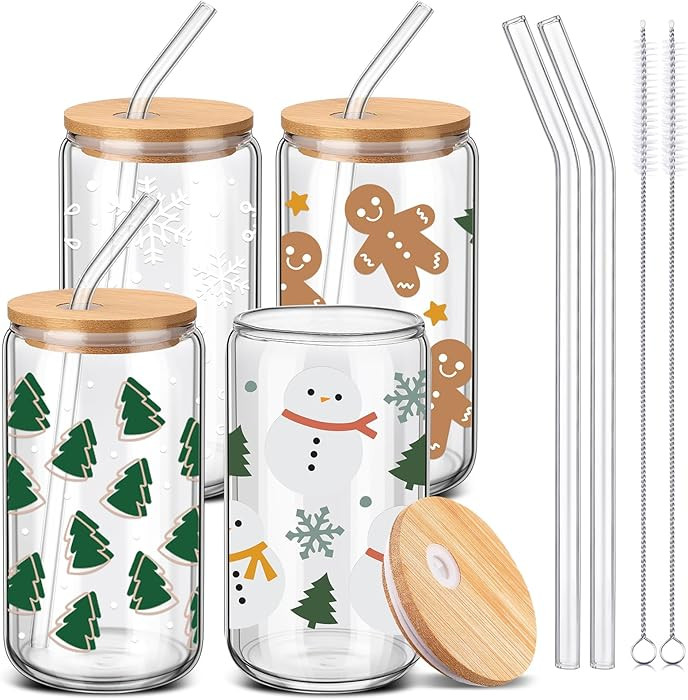 4 Pcs Christmas Green Glass Cups with Lid and Straw 16 oz Christmas Drinking Glasses Xmas Iced Co... | Amazon (US)