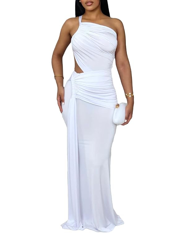 DINGANG Women's One Shoulder Bodycon Maxi Dresses Sleeveless Cutout Ruched Backless Long Cocktail... | Amazon (US)