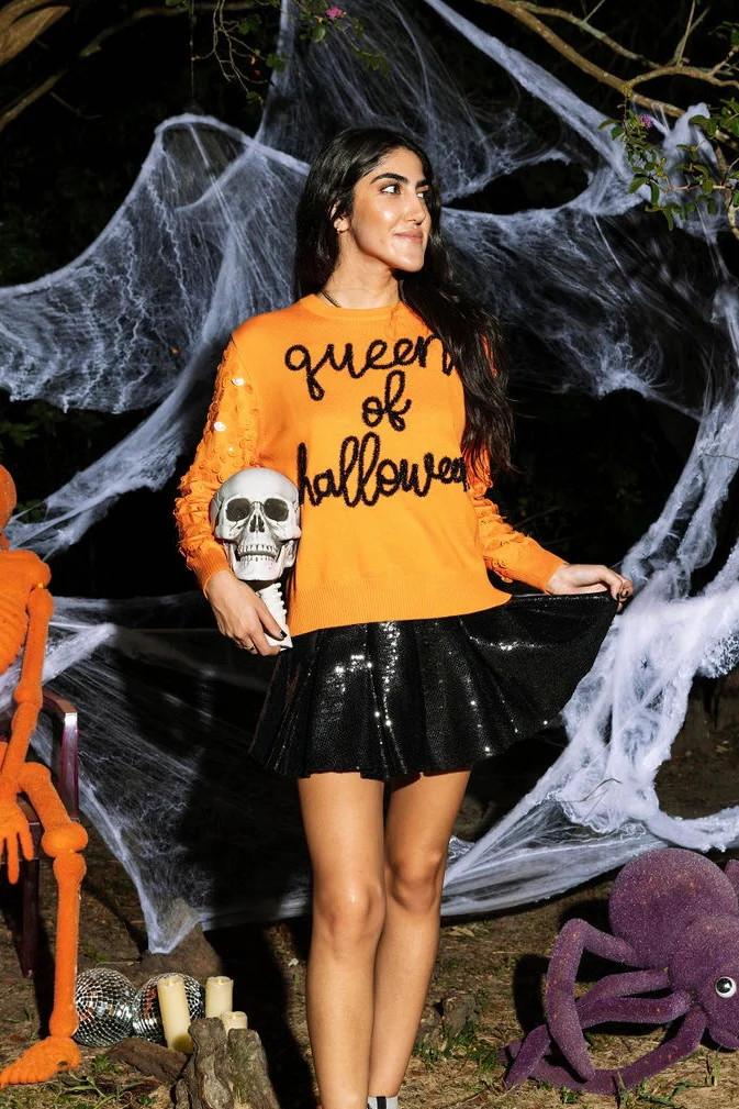 Queen of Halloween Glitter Script Sweater | Queen of Sparkles
