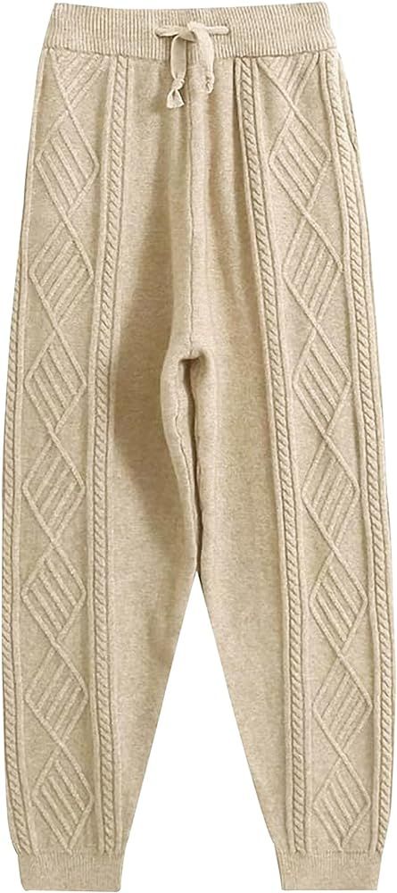 Gihuo Women' s Cable Knit Sweater Pants Long Knit Harem Pants Joggers Drawstring Elastic Waist St... | Amazon (US)