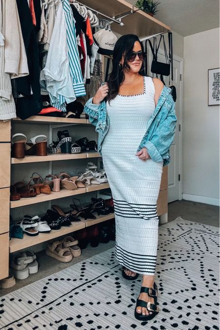 Midsize spring outfit Wearing a xl in this knit maxi dress (runs roomy on my size 14, 38dd body) Jean jacket sized down to a large Slide Sandals tts

#LTKstyletip #LTKmidsize #LTKwedding