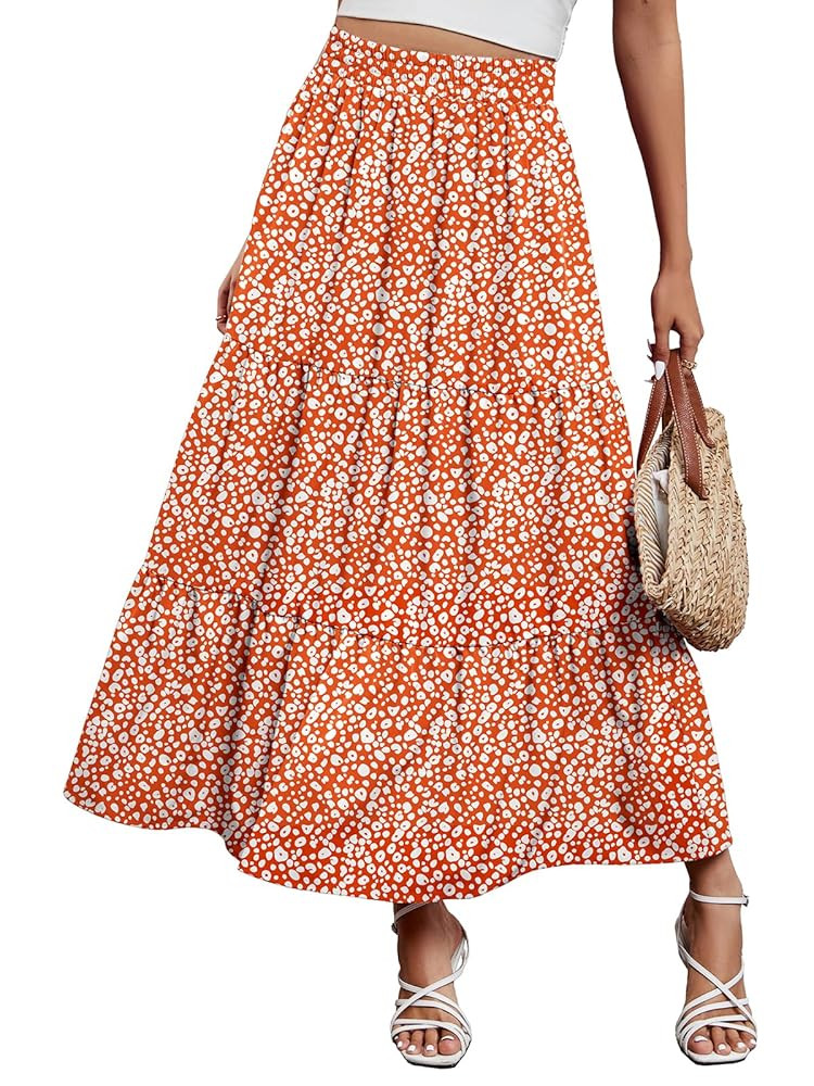 Arolina Maxi Skirt for Women Summer Boho Elastic High Waist Pleated A-Line Flowy Ruffle Swing Tie... | Amazon (US)