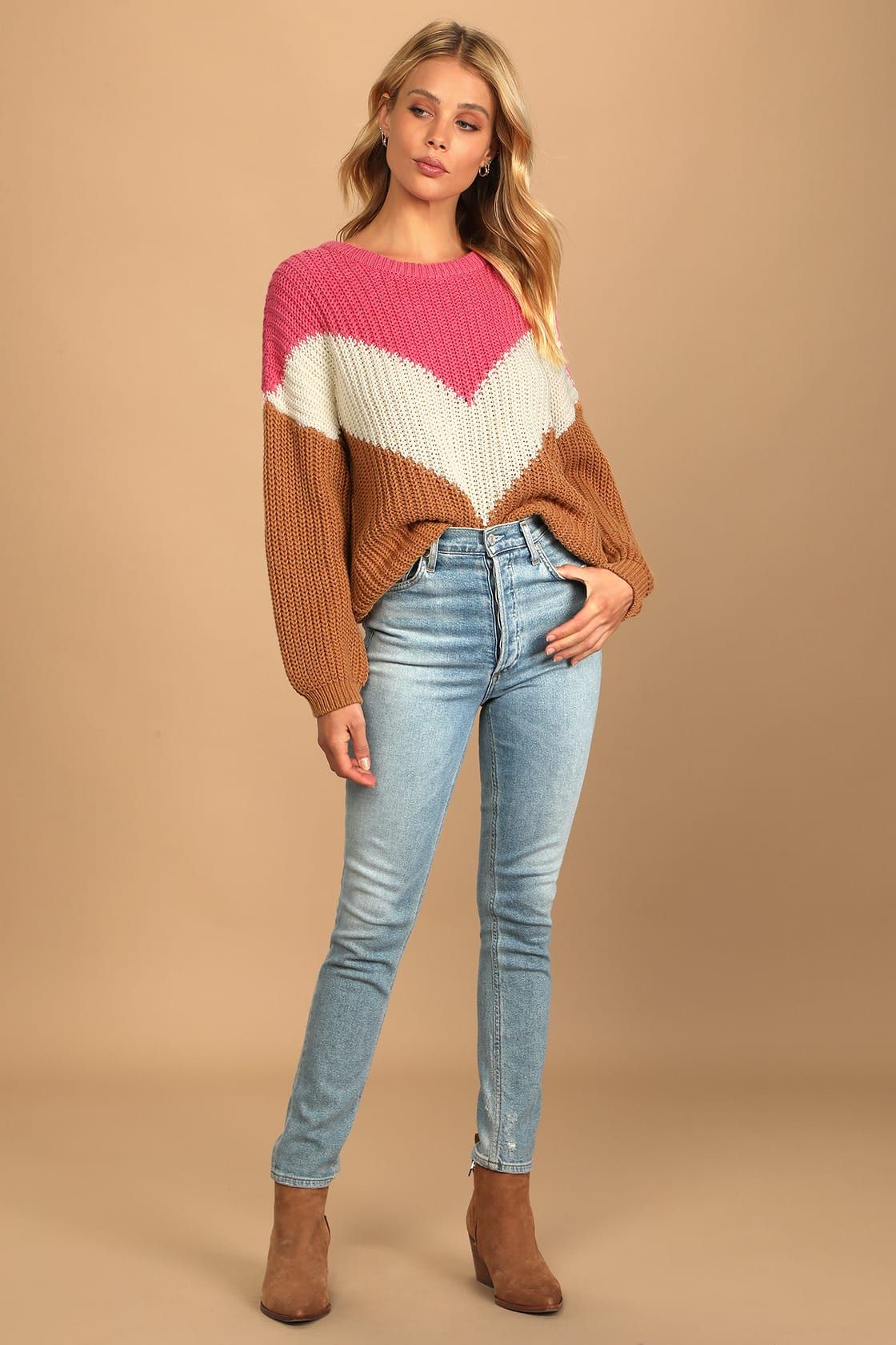 Autumn Leaves Pink Multi Chevron Stripe Knit Sweater | Lulus (US)