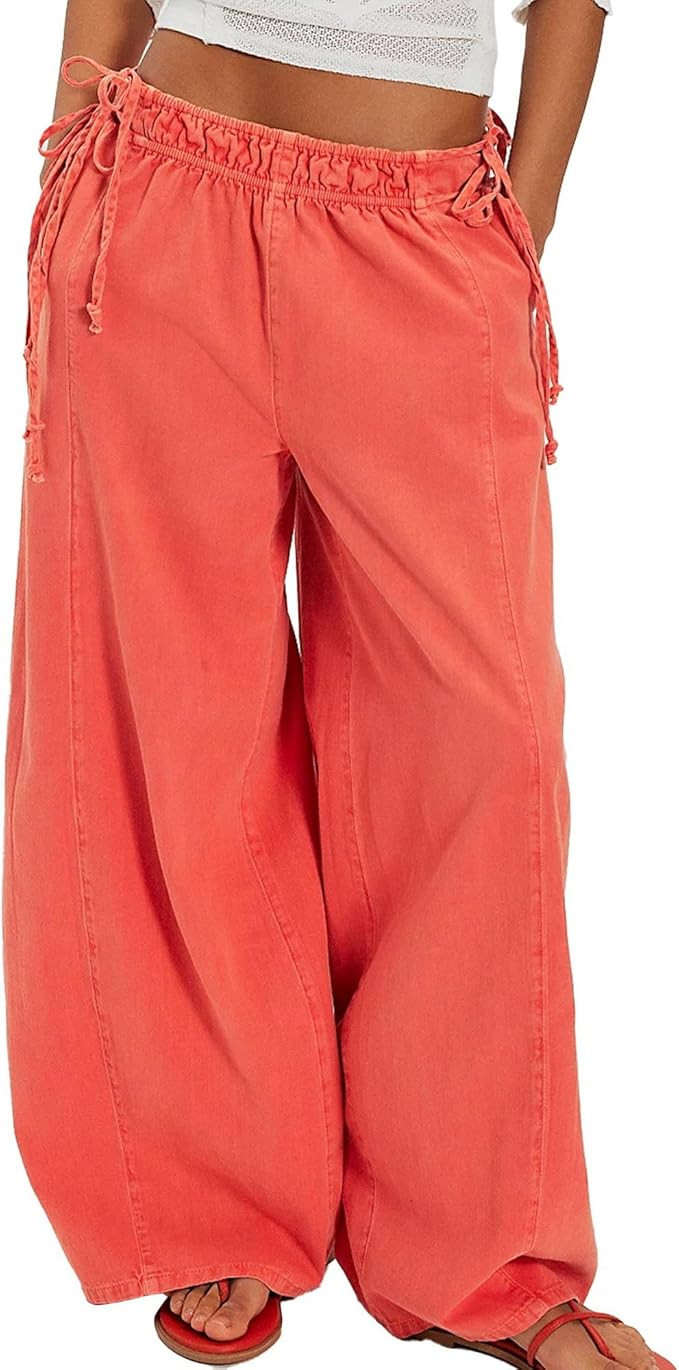 Hixiaohe Womens Casual Baggy Wide Leg Pants Elastic Drawstring Elastic Waist Trousers with Pocket... | Amazon (US)