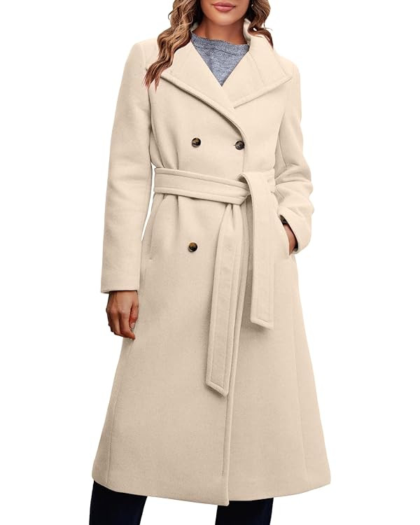Fisoew Women Double Breasted Coats Long Winter Work Office Overcoat Pocketed Outwear with Belt | Amazon (US)