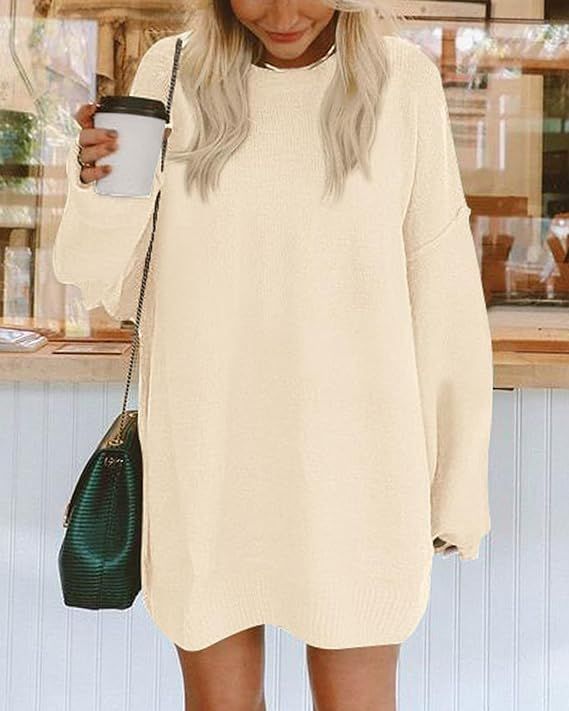 BTFBM 2023 Womens Sweaters Casual Crewneck Long Sleeve Oversized Sweater Dress Fall Winter Loose ... | Amazon (US)