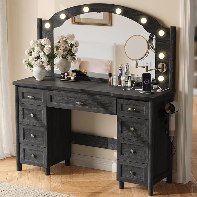 STO'SENSE Vanity Desk with Mirror and Lights, Makeup Vanity Table with 9 Drawers, Magnifying Mirr... | Amazon (US)