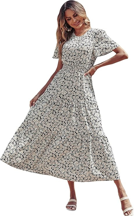 Floerns Women's Short Sleeve Boho Floral Dress A Line Smocked Midi Dress | Amazon (US)