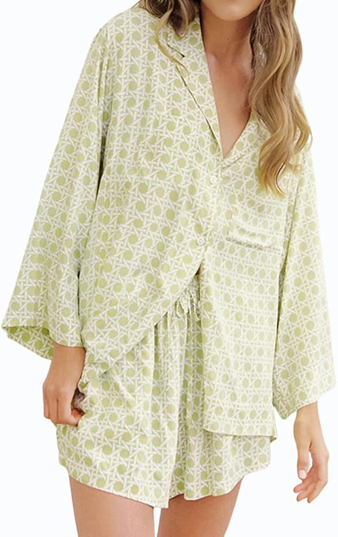 Sotimoon Womens Long Sleeve Printed Pajama Sets Button Down 2 Piece Shorts Sets Soft Loungewear | Amazon (US)