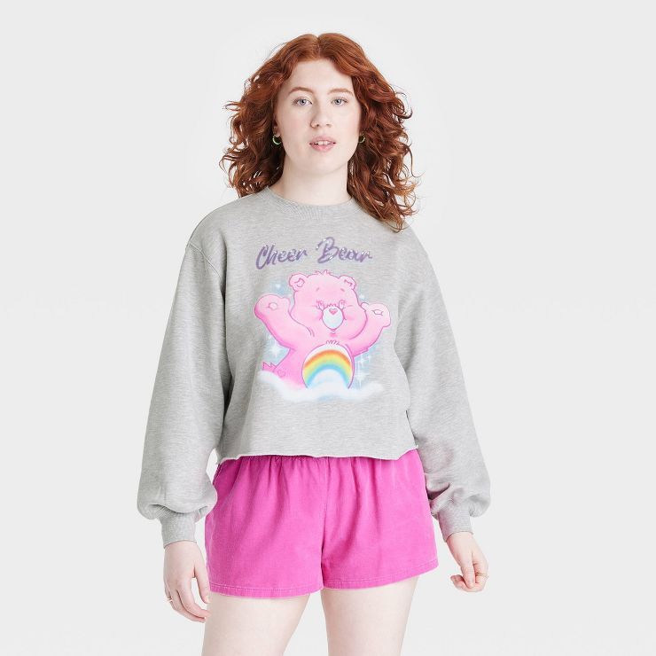 Women's Care Bears Cheer Bear Cropped Graphic Sweatshirt - Gray | Target