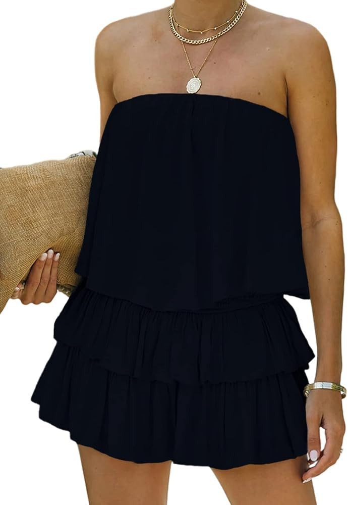 MIRACMODA Women Off The Shoulder Romper Flowy Strapless Smocked Jumpsuit Playsuits Dress | Amazon (US)