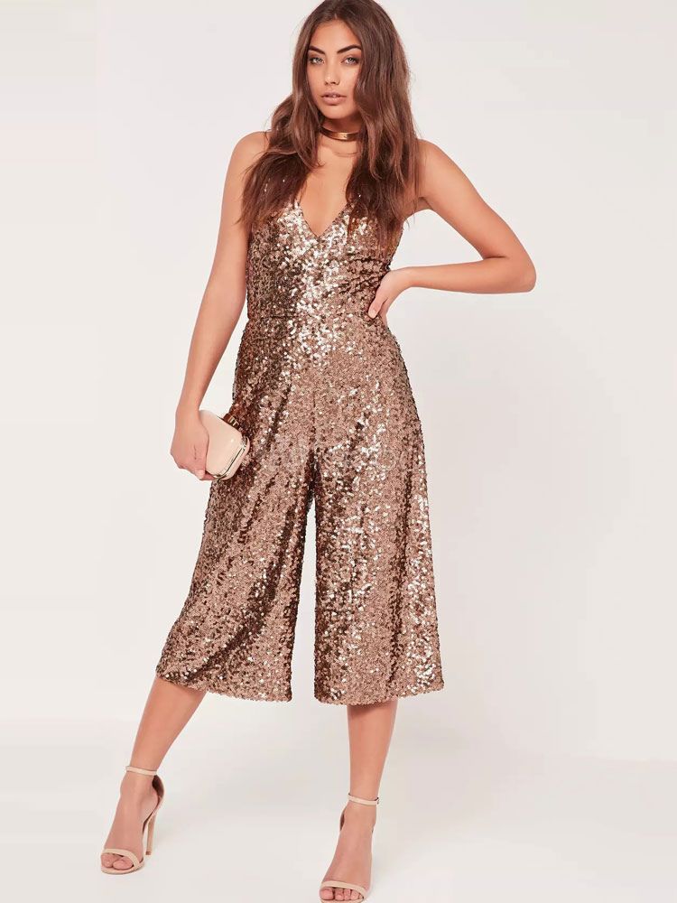 Sequined Brown Romper Women's Strappy Sleeveless Loose Leg Playsuit | Milanoo